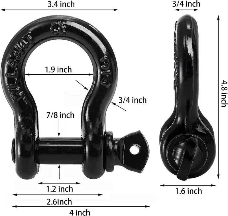 Bekith 3 Pack D Ring Shackles 3/4" Shackle Rugged Unbreakable 28.5 Ton (57,000 Lbs) Maximum Break Strength Heavy Duty Shackles for Tow Strap, Winch, Off-Road Truck Vehicle Recovery, Black - Image 4